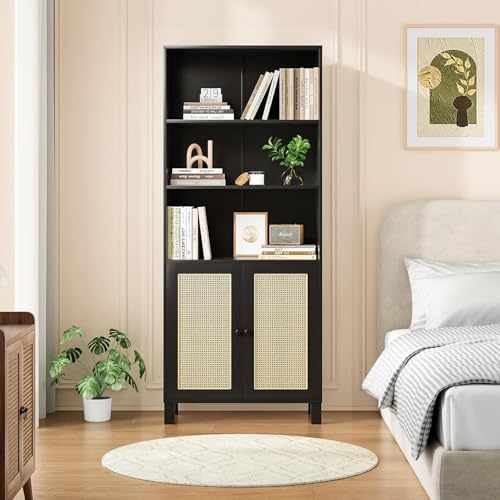5 Shelf Bookshelf with Rattan Doors, 29.9" L×14.6" W×70.9" H Tall Bookcase with Freestanding Display Shelves, Farmhouse Boho Book Case for Home Office Reading Nook Living Room, Black