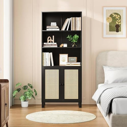 5 Shelf Bookshelf with Rattan Doors, 29.9" L×14.6" W×70.9" H Tall Bookcase with Freestanding Display Shelves, Farmhouse Boho Book Case for Home Office Reading Nook Living Room, Black