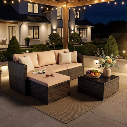 Patio Furniture Set - All-Weather -5 Piece Outdoor Patio Conversation Couch Sets, Modular Wicker Rattan Sectional Sofa for Garden, Patio, Poolside, Backyard, Balcony, Porch,Khaki