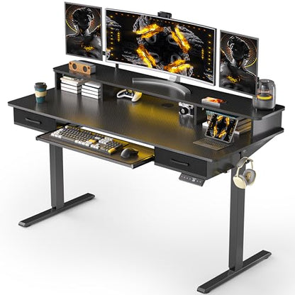 55x24 Inches Electric Standing Desk with Keyboard Tray, Height Adjustable Stand up Desk with 2 Drawers, Ergonomic Sit to Stand Desk with Storage Monitor Stand, Computer Table, Black