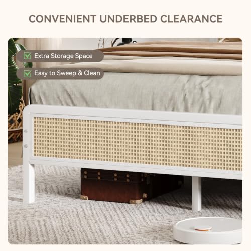 Rattan Queen Bed Frame with Headboard, Boho Queen Metal Platform Bed Frame with Steel Slats, Under Bed Storage, Rounded Corners, No Box Spring Needed, Quiet Design, Easy Assembly, White