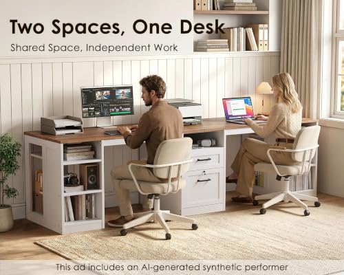 Farmhouse 95.3 Inch Two Person Computer Desk, Walnut+ White, view 5