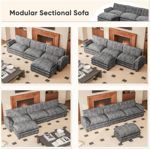 119" Modular Couch 3-Seat Sofa with Reversible Ottoman, Cloud Couch L Shaped Sofa with Deep Seat, Chenille Sectional Couches for Living Room