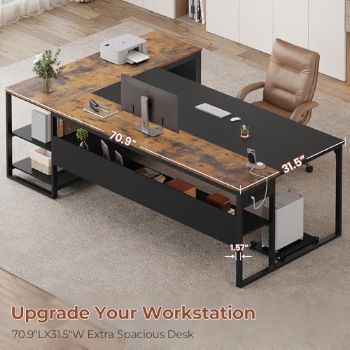 71" Executive Desk, Large Office Desk with Widen File Drawers & Power Outlets, Reversible L Shaped Computer Desk Corner Desk with Storage Shelves, CPU Stand, Hooks, Business Furniture