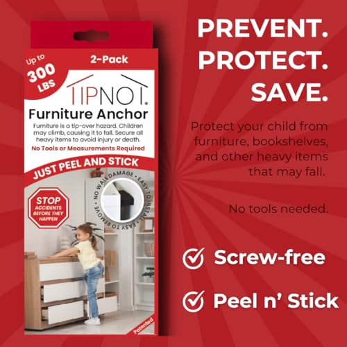 Adhesive Furniture Anchor, No-Drill, Aesthetic & Invisible Once Installed, Anti-Tip Furniture Safety Anchor to Childproof and Babyproof Your Home, Holds Up to 300 Pounds, 2-Pack
