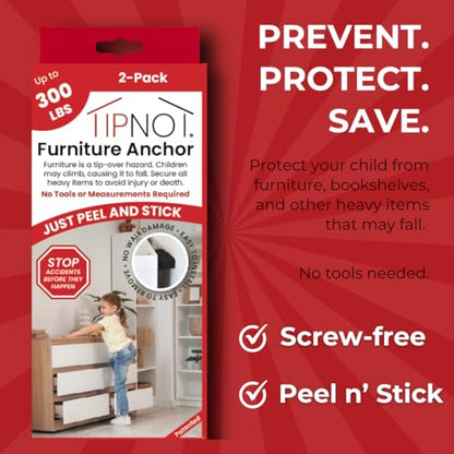 Adhesive Furniture Anchor, No-Drill, Aesthetic & Invisible Once Installed, Anti-Tip Furniture Safety Anchor to Childproof and Babyproof Your Home, Holds Up to 300 Pounds, 2-Pack