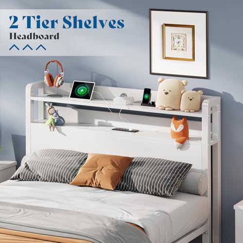 Queen Size Bed Frame with Galaxy Star Projector, Platform Bed with Charging Station Storage Headboard, Heavy Duty Metal Bed Frame with Underbed Storage, No Box Spring Needed, White