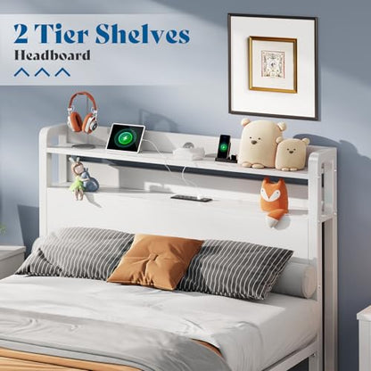 Queen Size Bed Frame with Galaxy Star Projector, Platform Bed with Charging Station Storage Headboard, Heavy Duty Metal Bed Frame with Underbed Storage, No Box Spring Needed, White