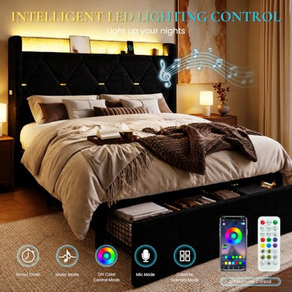 Queen Size Bed Frame with Storage Drawer & LED Lights, Black, view 5
