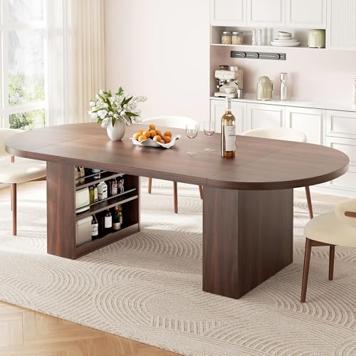 78.7" Dining Table for 6-10 People, Oval Dining Room Table with 3-Tier Storage Shelf, Modern Wood Kitchen Tables with Heavy Duty Pedestal Base for Home, Dining Room, Walnut