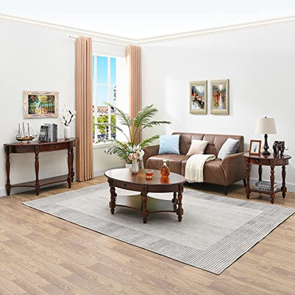 Solid Wood Coffee Table with Drawer and Storage Shelf, Traditional Living Room Cocktail Tea, Oval Center Carvings Side Vintage 46''Lx 29''Wx18.2''H Cherry Walnut KFZ1533WD-DR