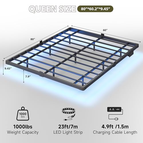 Floating Bed Frame Queen Size, Smart LED Lights & Charging Station, view 4