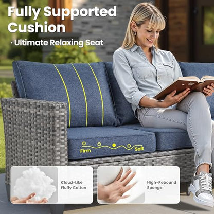 Patio Furniture Set, 5 Pieces Outdoor Wicker Sofa Couch with Chairs, Ottomans and Comfy Cushions, All Weather High Back Rattan Conversation Set, Denim Blue