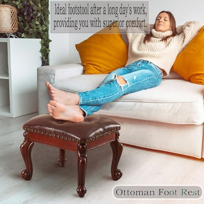 Ottoman Foot Rest, Small Leather Footstool, Vintage Living Room Ottoman, Solid Wooden Shoe Stool, Dark Brown