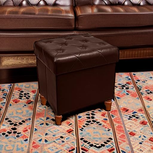 Folding Storage Ottoman Cube PU Leather Footstool with Wood Legs Ottoman Footrest for Living Room and Bedroom Brown, 15x12.6 x 15.4”