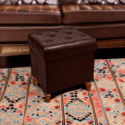 Folding Storage Ottoman Cube PU Leather Footstool with Wood Legs Ottoman Footrest for Living Room and Bedroom Brown, 15x12.6 x 15.4”