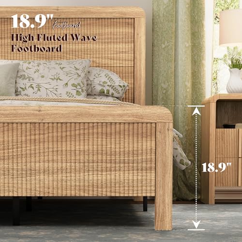3-Piece Modern Fluted Bedroom Furniture Set, Including Wood Queen Size Bed Frame with Headboard & Footboard and Storage Night Stand Set of 2, Wooden Bedframe and Nightstand Sets, Natural Oak