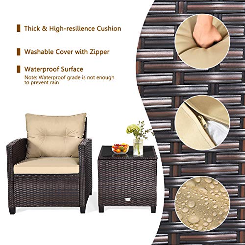 3 Piece Patio Furniture Set, Outdoor Conversation Set with Washable Cushions & Tempered Glass Tabletop, PE Rattan Wicker Bistro Set for Porch, Garden, Balcony (Beige)