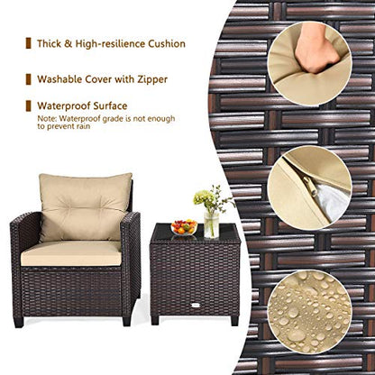 3 Piece Patio Furniture Set, Outdoor Conversation Set with Washable Cushions & Tempered Glass Tabletop, PE Rattan Wicker Bistro Set for Porch, Garden, Balcony (Beige)