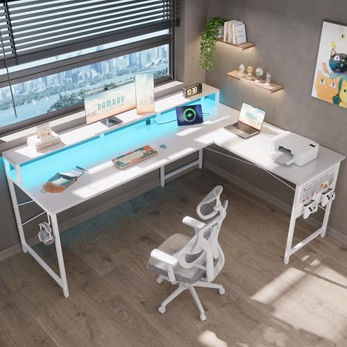 64 Inch L Shaped Gaming Desk with Power Outlets and Led Lights, Large Corner Computer Desk with Monitor Stand and Pegboard, PC Table for Home Office and Bedroom White