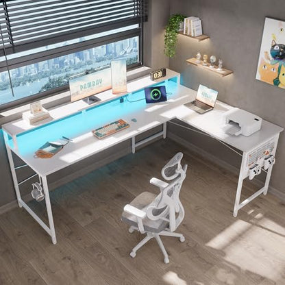 64 Inch L Shaped Gaming Desk with Power Outlets and Led Lights, Large Corner Computer Desk with Monitor Stand and Pegboard, PC Table for Home Office and Bedroom White