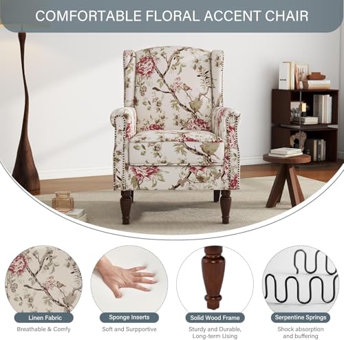 High Back Accent Chairs Set of 2, Floral Wingback Chair Fabric Upholstered Armchair for Living Room, Nailhead Trim Single Sofa Bedroom Reading Seat - Beige