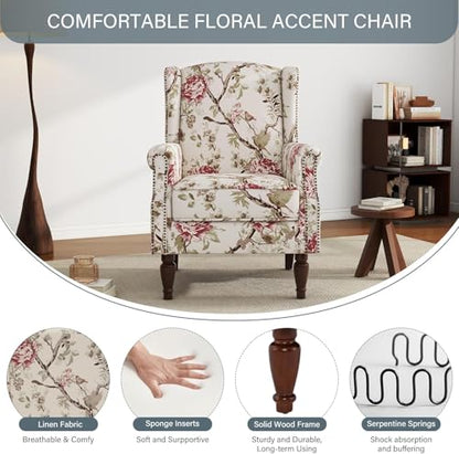 High Back Accent Chairs Set of 2, Floral Wingback Chair Fabric Upholstered Armchair for Living Room, Nailhead Trim Single Sofa Bedroom Reading Seat - Beige