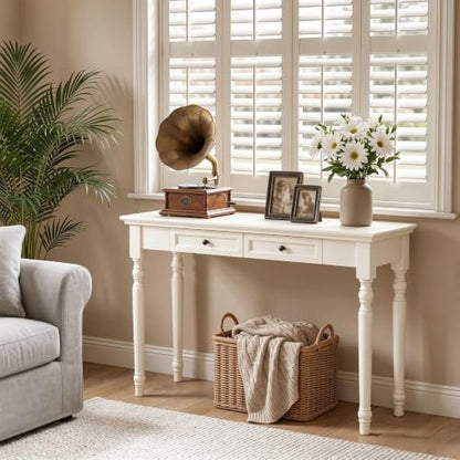47" Narrow Solid Wood Writing Desk with 2 Drawers,White, view 4