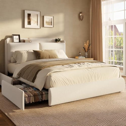 Chenille Fabric Queen Size Bed Frame with 2 Storage Drawers - Beige, view 2