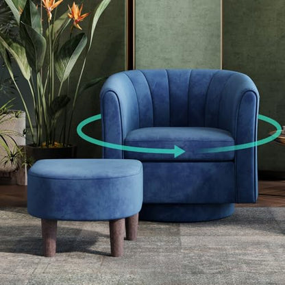 Swivel Accent Chair with Ottoman: Small Velvet Barrel Chair 360 Swivel Modern Armchair, Upholstered Reading Chair with Footrest for Living Room Bedroom Study Room (Blue)
