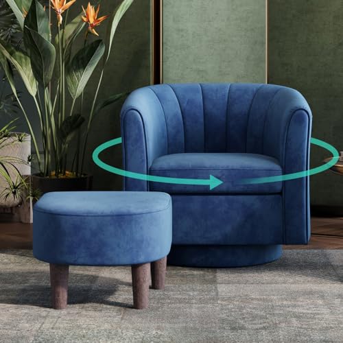 Swivel Accent Chair with Ottoman: Small Velvet Barrel Chair 360 Swivel Modern Armchair, Upholstered Reading Chair with Footrest for Living Room Bedroom Study Room (Blue)