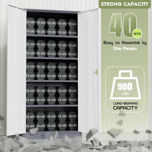 72” Metal Storage Cabinet, Lockable File Cabinet with 2 Doors and 4 Adjustabble Shelves,Garage Storage Cabinets for Office, Warehouse, Home, (Grey White