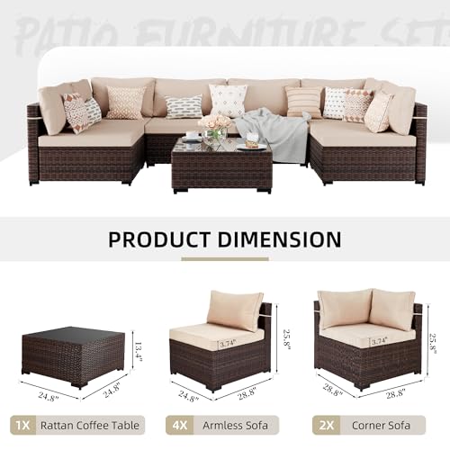 7 Pieces Patio Furniture Sets, Wicker Outdoor Sectional Sofa Couch with Coffee Table, Patio Conversation Set for Deck Backyard Garden, Brown Rattan, Beige Cushion
