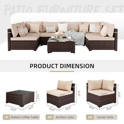 7 Pieces Patio Furniture Sets, Wicker Outdoor Sectional Sofa Couch with Coffee Table, Patio Conversation Set for Deck Backyard Garden, Brown Rattan, Beige Cushion