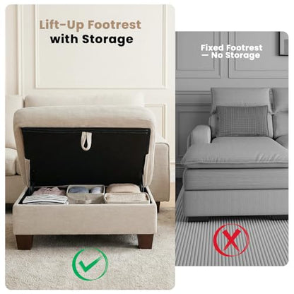 L-Shaped Sectional Sofa with Storage Ottoman, Modern Chenille Recliner Loveseat, Removable Couch Covers, Pocket Spring Cushions, Solid Wood Frame, Easy to Install (71.25inch, Beige)