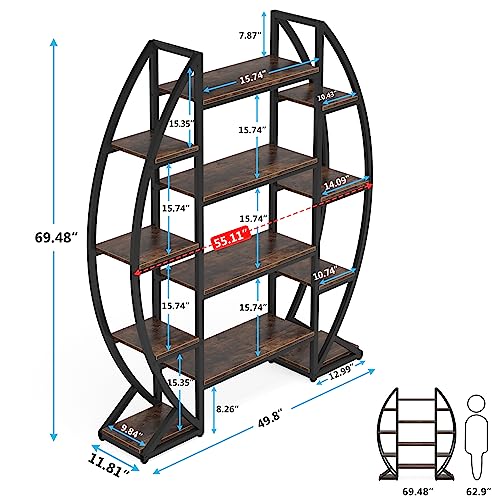 Tribesigns Oval Bookshelf, Triple Wide 5 Tier Etagere Bookcase, Industrial Display Shelves for Living Room (Brown, 55")