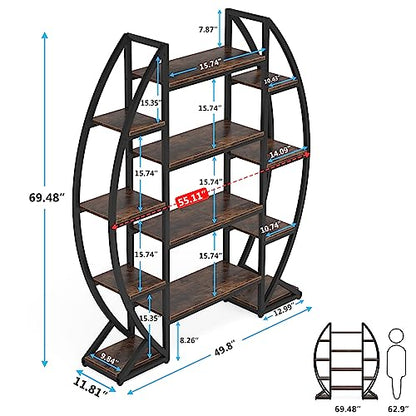 Tribesigns Oval Bookshelf, Triple Wide 5 Tier Etagere Bookcase, Industrial Display Shelves for Living Room (Brown, 55")