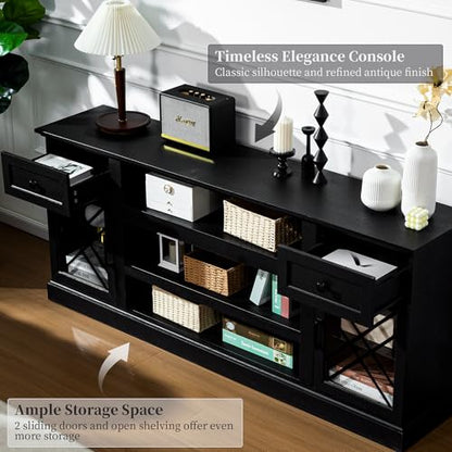 70 Inch Farmhouse TV Stand Table for 75 80 inch TV, Modern Entertainment Center with LED Lights and 2 Drawers, Wooden TV Stands for Living Room (Black)