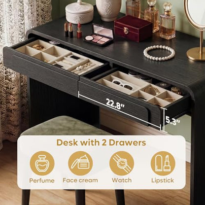 Computer Desk with 2 Drawers, 47 Inch Wood Home Office Desk, Small Writing Table with Curved Handles & Waterfall Rounded Edges, Cute Modern Desks for Bedroom Study Living Room, Black