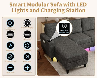 Smart Sectional Couches for Living Room, 6 Seat U/L Shaped Sectional Sofa with RGB Light/Charging, Modern Living Room Furniture for Apartments/Office/More (Dark Grey)