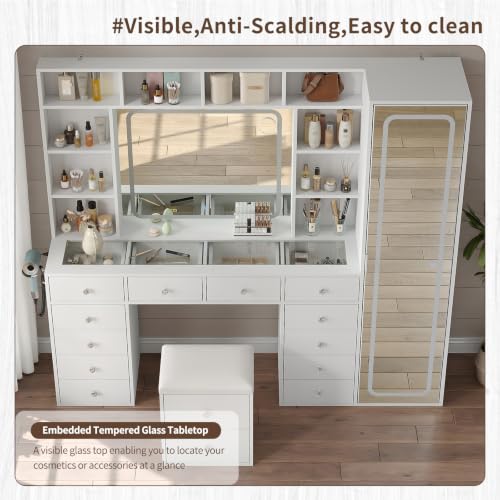 71'' Vanity Desk with LED Lights & Body Mirror, Hidden Cabinet, White, view 7