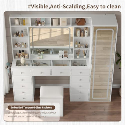 71'' Vanity Desk with LED Lights & Body Mirror, Hidden Cabinet, White, view 7