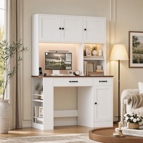 71" Tall Computer Desk with Hutch, LED & Charging Station, White, view 3