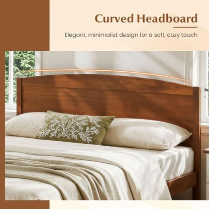 Full Size Wooden Bed Frame with Curved Headboard, Wood Slat Support, view 5