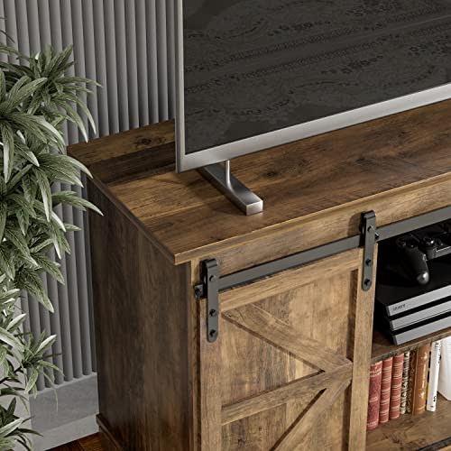 ZPK Farmhouse TV Stand for 65 Inch TV, Modern Television Stands Mid Century Media Entertainment Center with Sliding Barn Doors and Storage Cabinets, Console Table for Living Room, Bedroom (Rustic Oak)