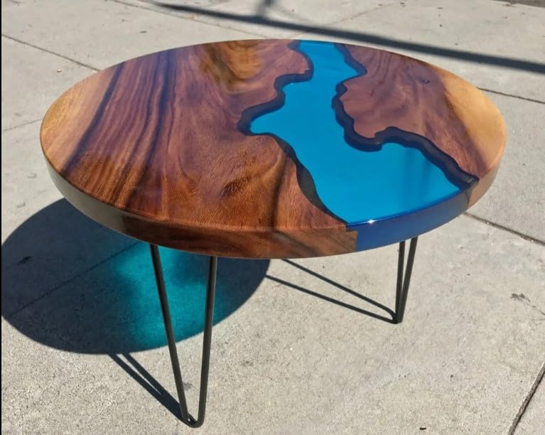 Customized Resin Round Table Top, Blue Ocean River Epoxy Resin, Coffee Table Design, Resin Table, Luxury Decor Table, Walnut Table, Wooden Resin Table (Without Stand, 18 x 18 Inches)