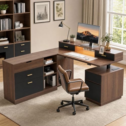 63" L Shaped Electric Standing Desk with 6 Drawers File Cabinet, view 5