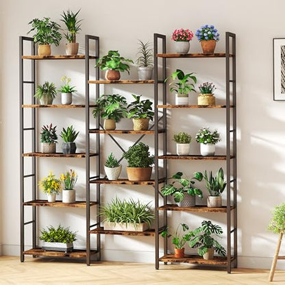 Triple Column 5 Tier Bookshelf, Industrial Large Bookcase Display Shelves, Large Etagere Bookshelf,Wide Book Shelf Book Case for Home & Office, Rustic Brown