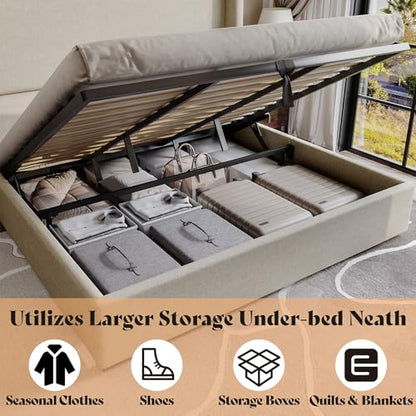 King Lift Up Storage Bed Frame Linen Wingback Headboard, Khaki, view 6