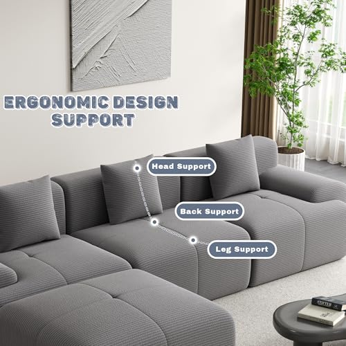 120" Cloud Modular Sectional Couch,Boneless Sofa,L-Shape Upholstered Sofas with Deep Seat,Modern Cozy Corduroy Couches with Memory Foam,No Assembly Required for Living Room(Dark Grey)